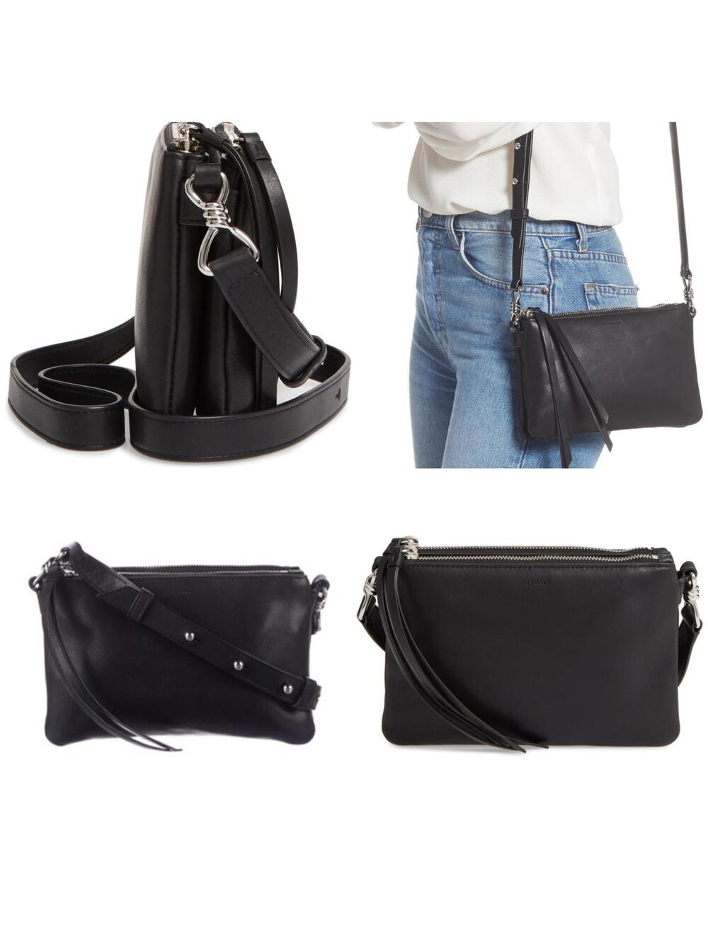 Allsaints Captain Zip Leather Crossbody Bag BLACK SILVER HARDWARE